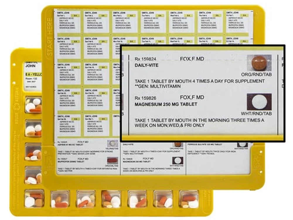 A MedicineOnTime multi-dose sample card, with each compartment holding the pills due at one time and a printed label listing them.